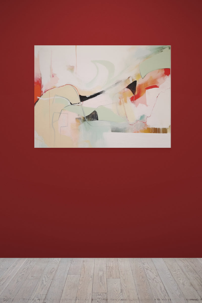 Haute Curations Custom Art - Contemporary Abstract painting with greens, reds, yellows, and whites - Hanging on gallery wall with red background.