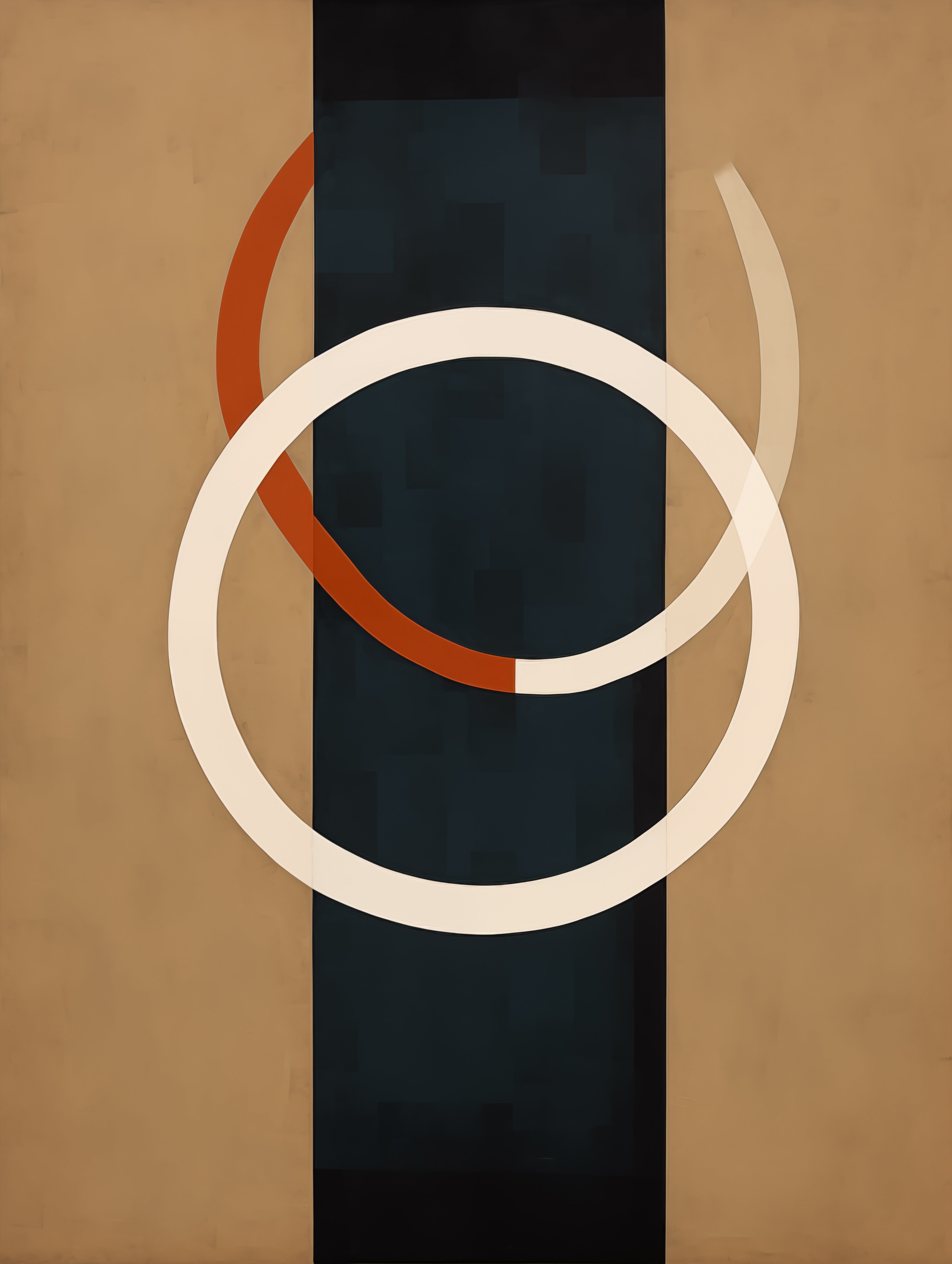 Haute Curations - Geometric Abstract Canvas Print - a white rectangle down the centre with two white circles on dark cream background