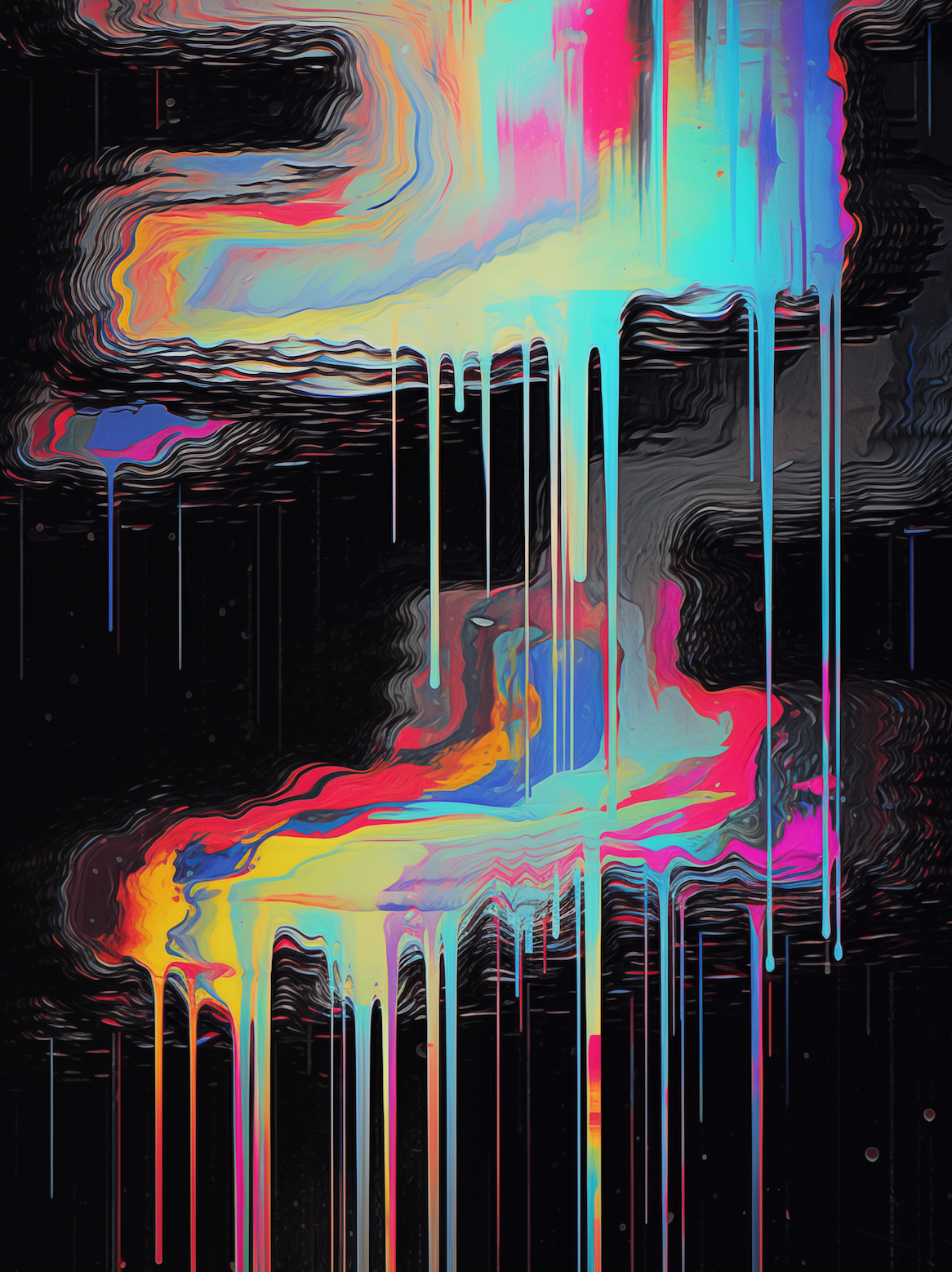 Haute Curations - Image of Glitch Art on canvas, black background with multiple colours and textured paint