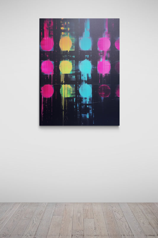 Haute Curations - Image of Glitch Art on canvas, black background with multiple colours and textured paint - Hanging on Gallery Wall