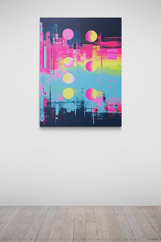 Haute Curations - Image of Glitch Art on canvas, black background with multiple colours and textured paint - Hanging on Gallery Wall