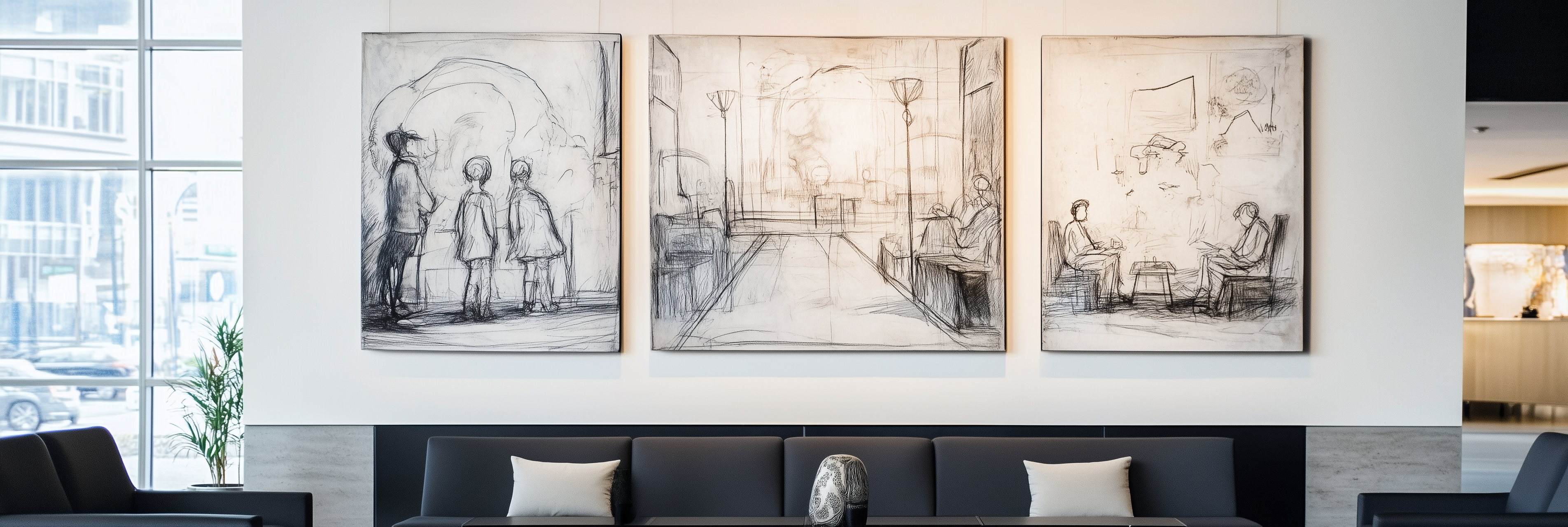 Vancouver Hotel lobby has custom fine art canvas prints hanging on wall in a unique sketched style