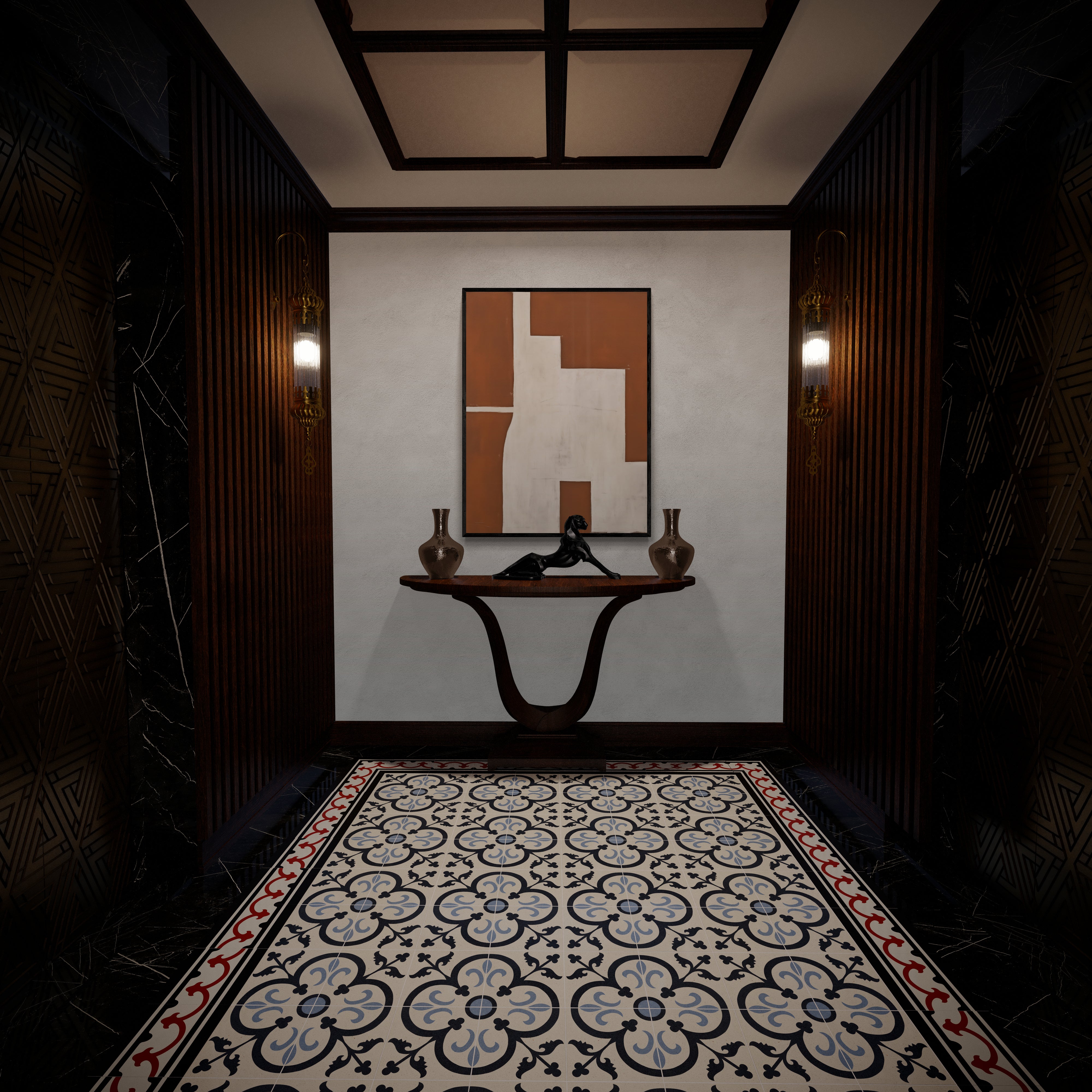 Contemporary Abstract canvas artwork hanging at the end of a hotel hallway