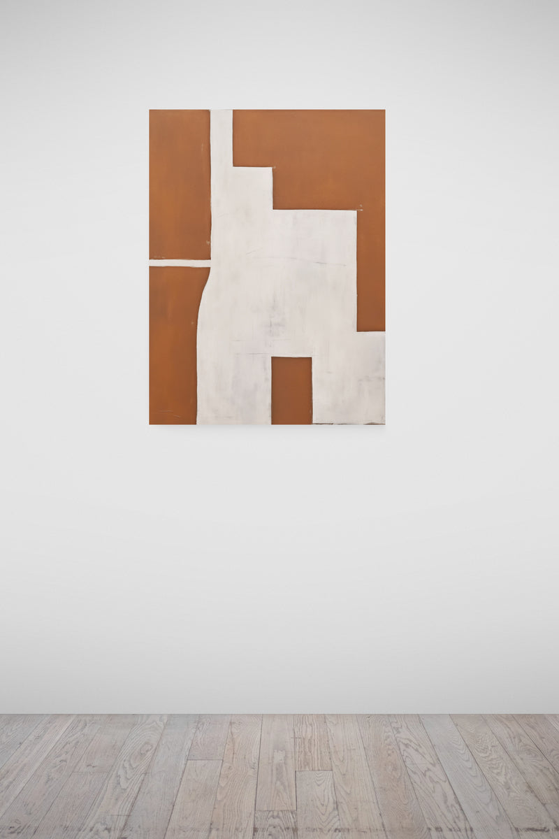 Haute Curations - Contemporary Abstract Artwork - Brown textured with white shapes - hanging on gallery wall