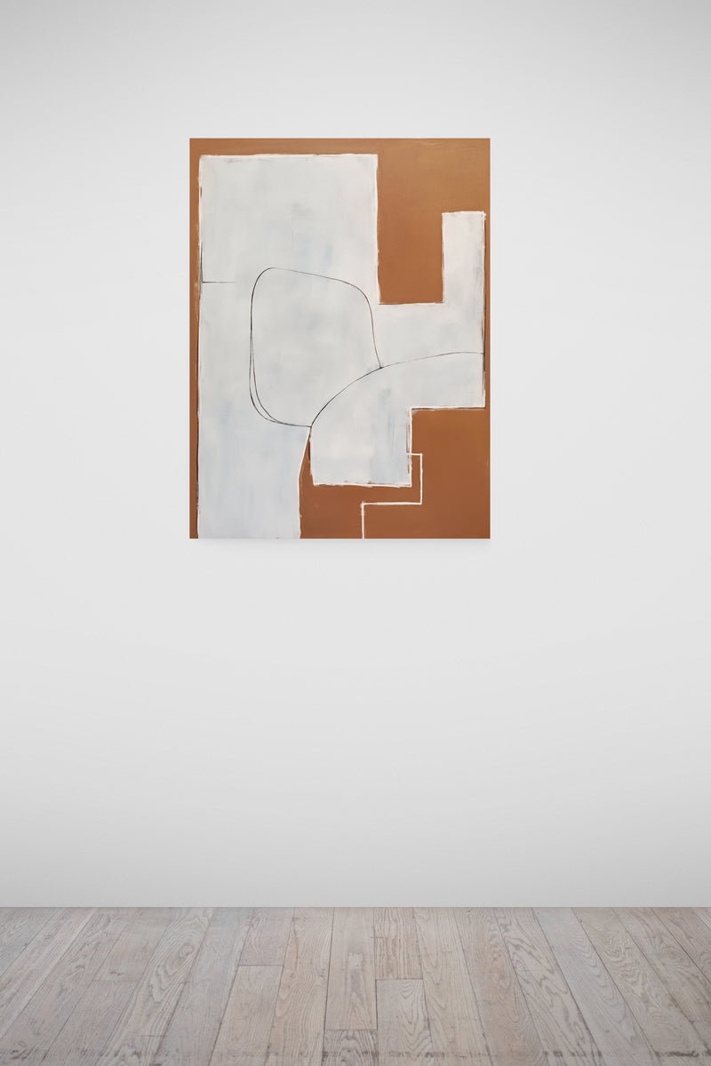 Haute Curations - Contemporary Abstract Artwork - Brown textured with white shapes - Hanging on gallery wall