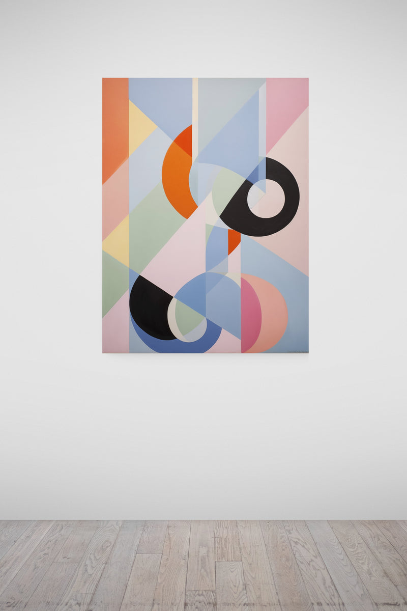 Haute Curations Canvas Print - Abstract mix of rectangles and circles, pastel colours - hanging on gallery wall