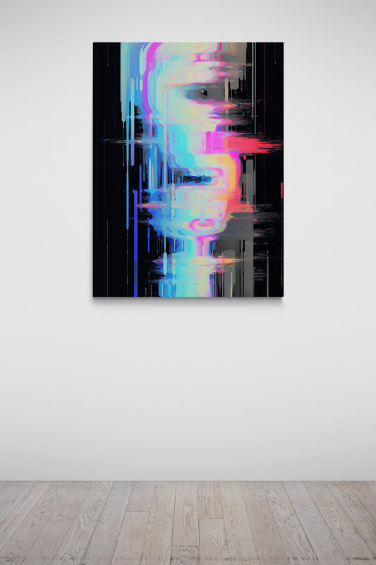 Haute Curations - Image of Glitch Art on canvas, black background with multiple colours and textured paint - Hanging on a Gallery wall