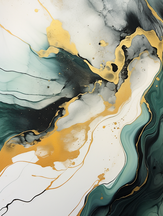 Haute Curation Fine Art Print - Fluid Acrylic Pour in greens, whites, and gold. 