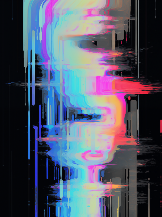 Haute Curations - Image of Glitch Art on canvas, black background with multiple colours and textured paint