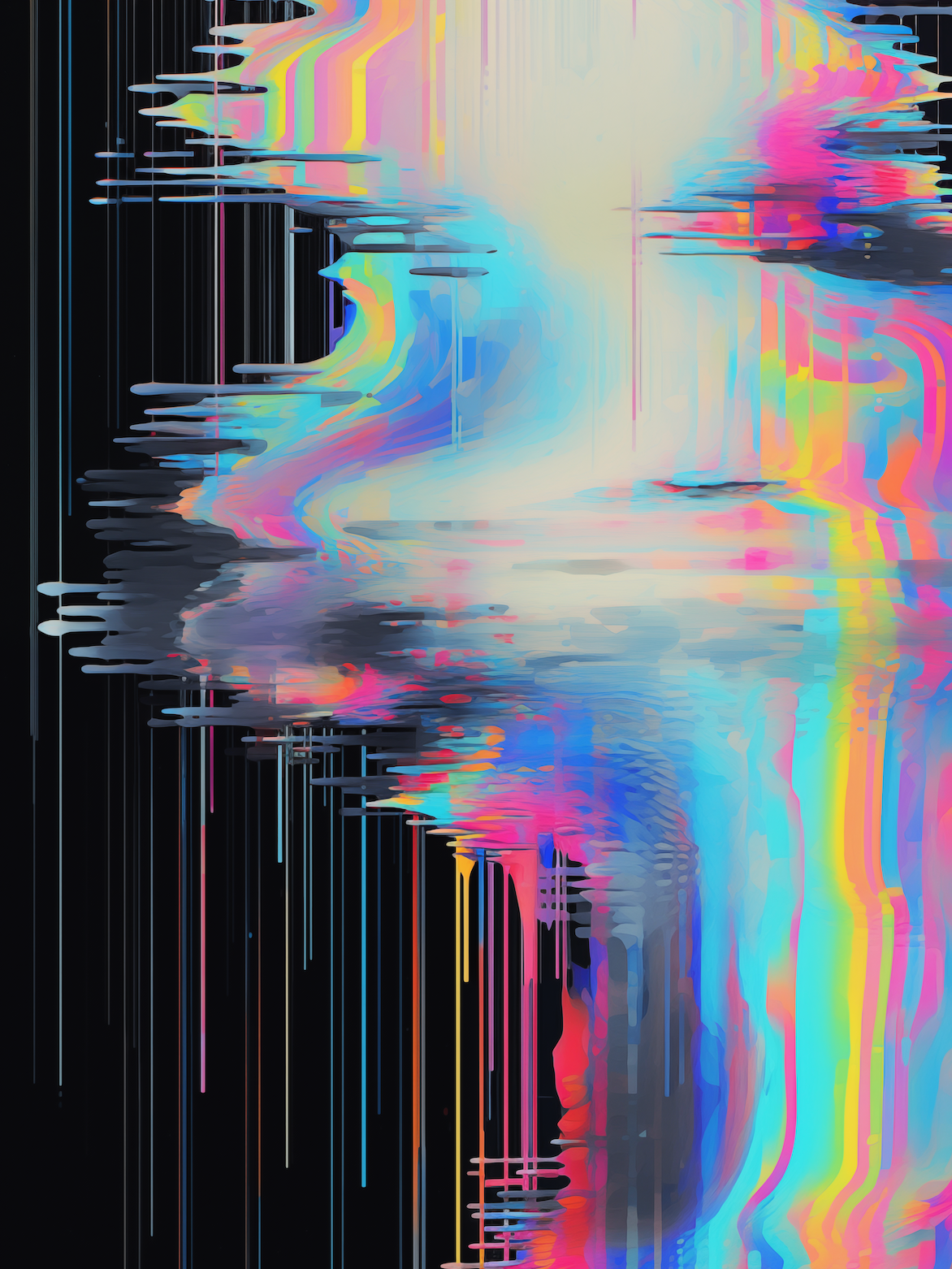 Haute Curations - Image of Glitch Art on canvas, black background with multiple colours and textured paint