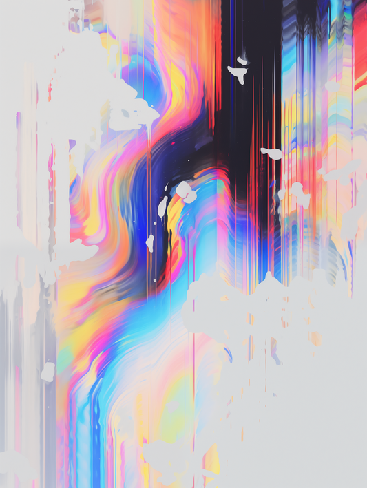 Haute Curations - Image of Glitch Art on canvas, white background with multiple colours and textured paint