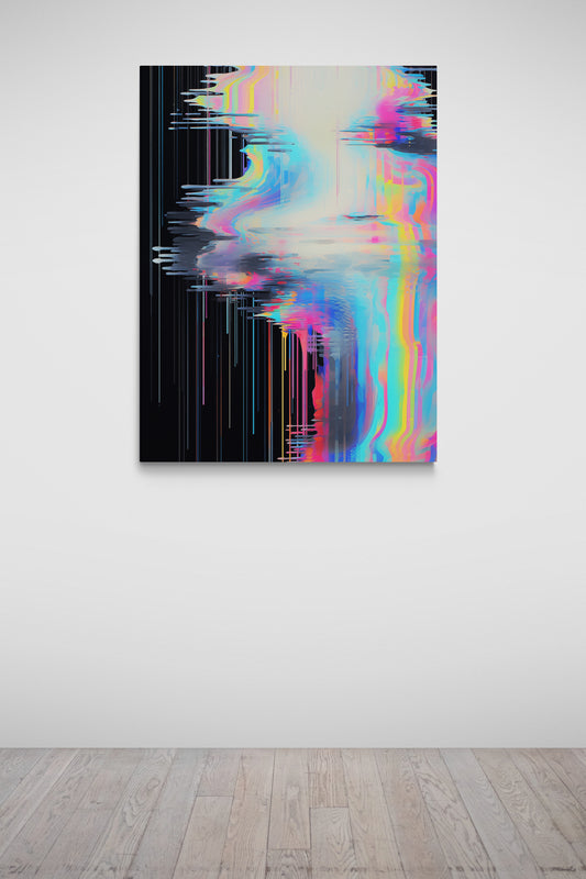 Haute Curations - Image of Glitch Art on canvas, black background with multiple colours and textured paint - Hanging on Gallery Wall