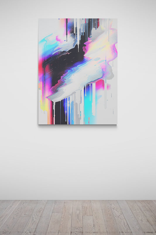 Haute Curations - Image of Glitch Art on canvas, white background with multiple colours and textured paint - Hanging on Gallery Wall