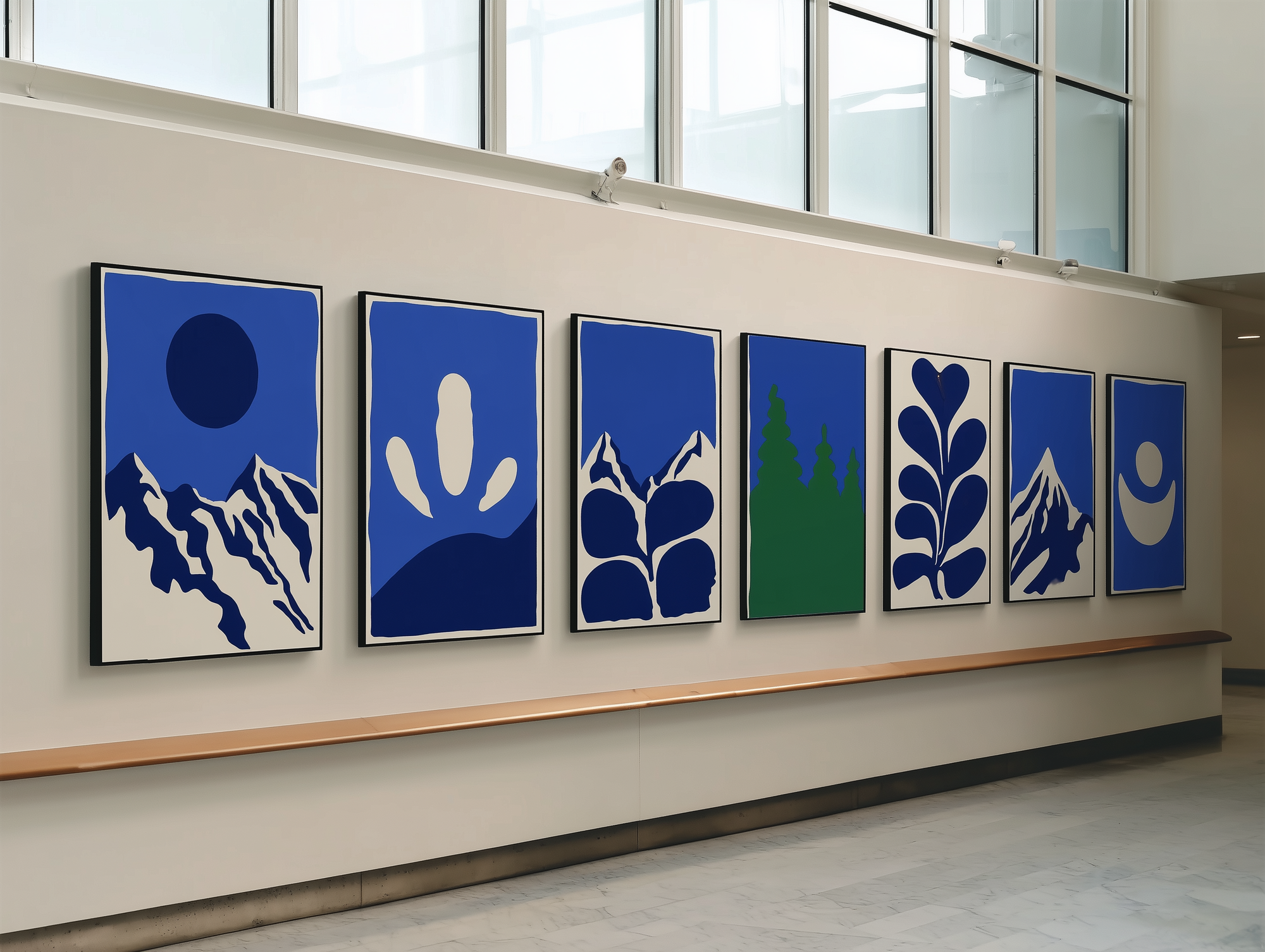 A custom designed art collection by Haute Curations hangs in a commercial hallway, branded to the local plants and landscape