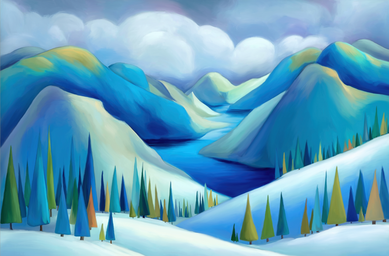 Blue winter landscape artwork from a custom five-piece collection designed for the British Columbia Hotel Association office.