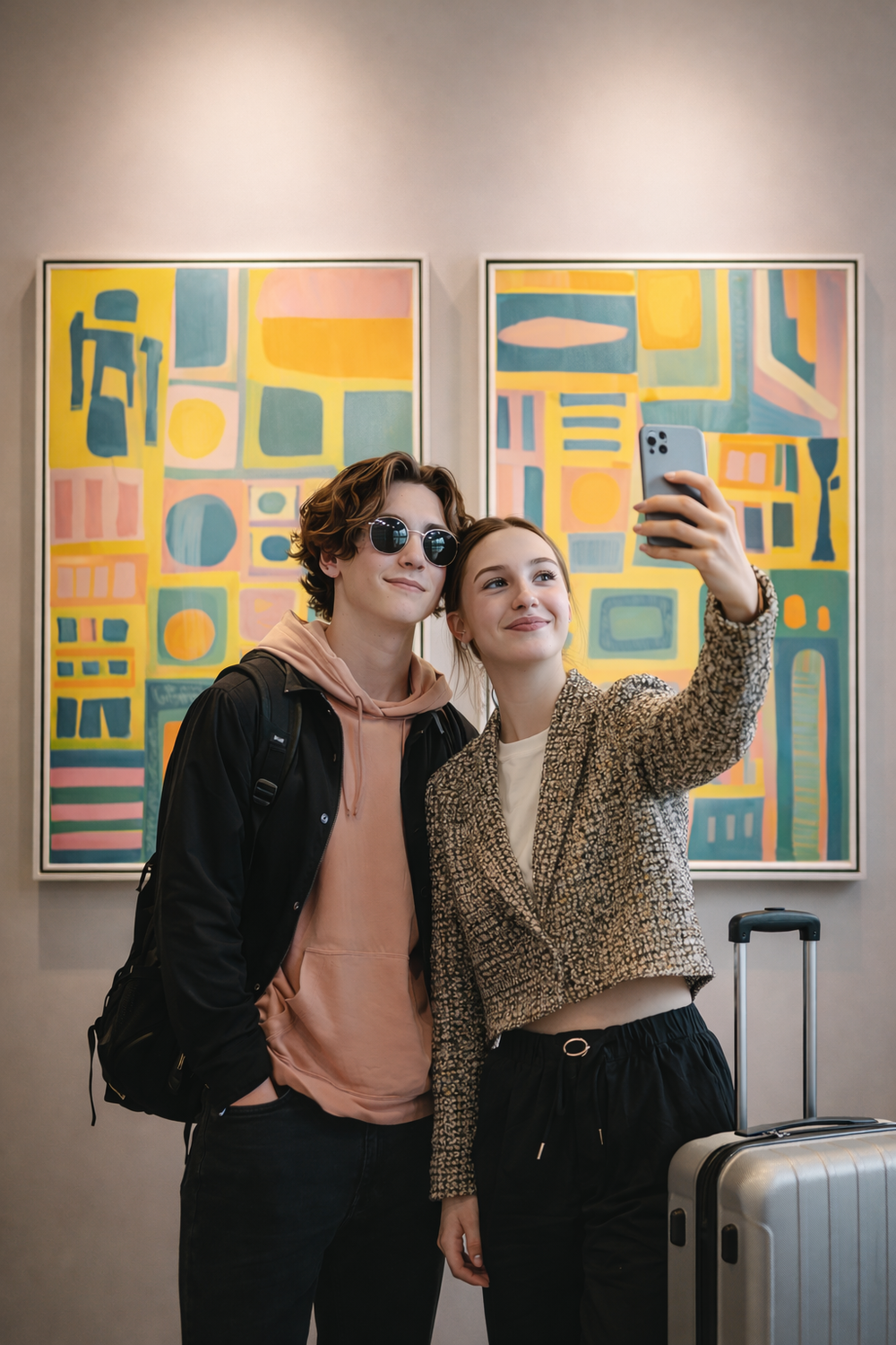 Hotel guests take a selfie for social media in front of custom hotel lobby art