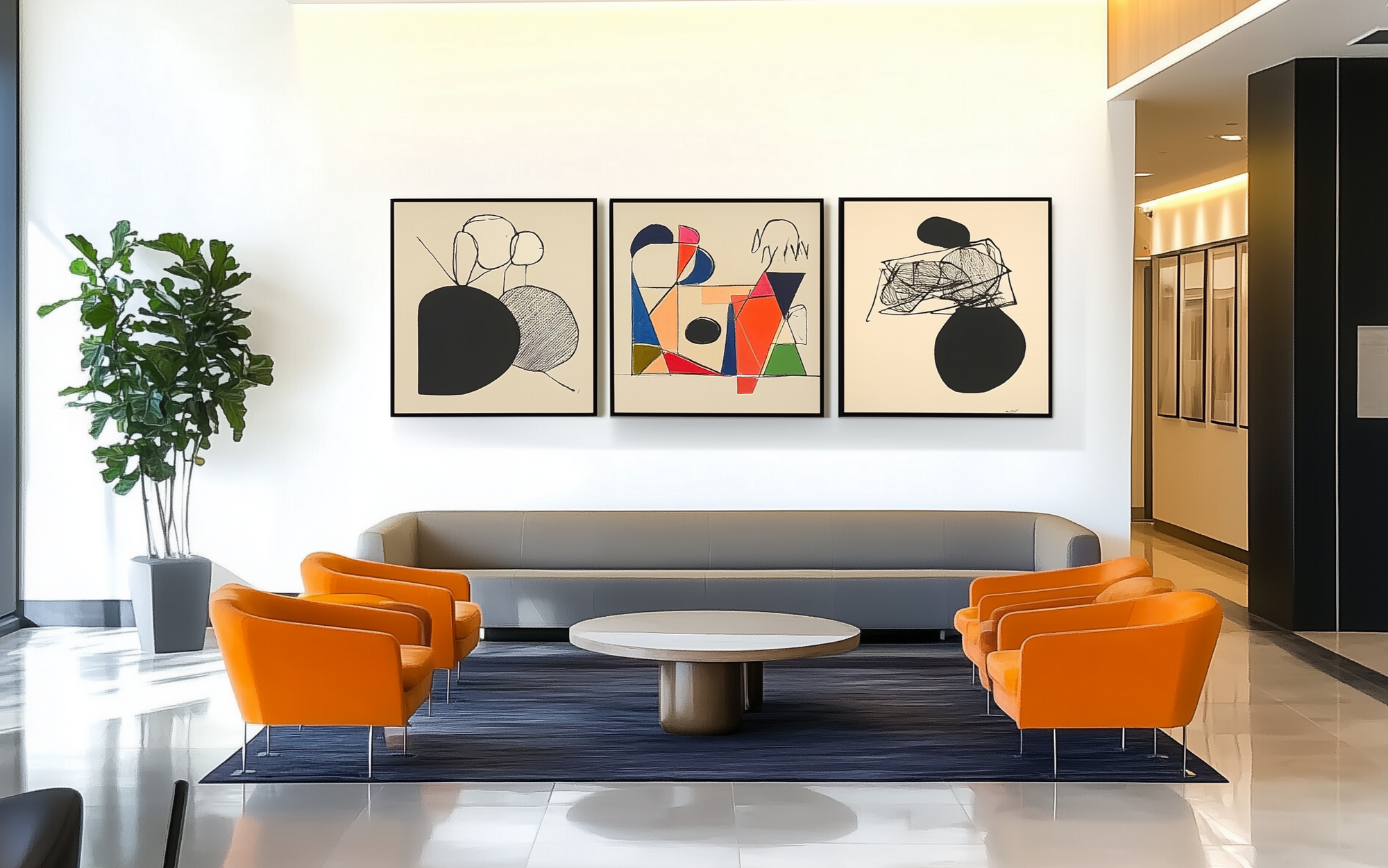 Three custom canvas prints hanging in a hotel lobby, abstract style