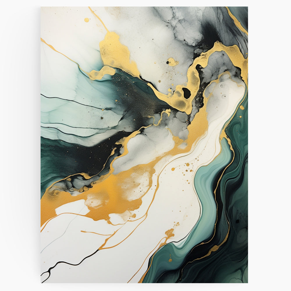 Fluid Abstract Painting in green, gold, white and black