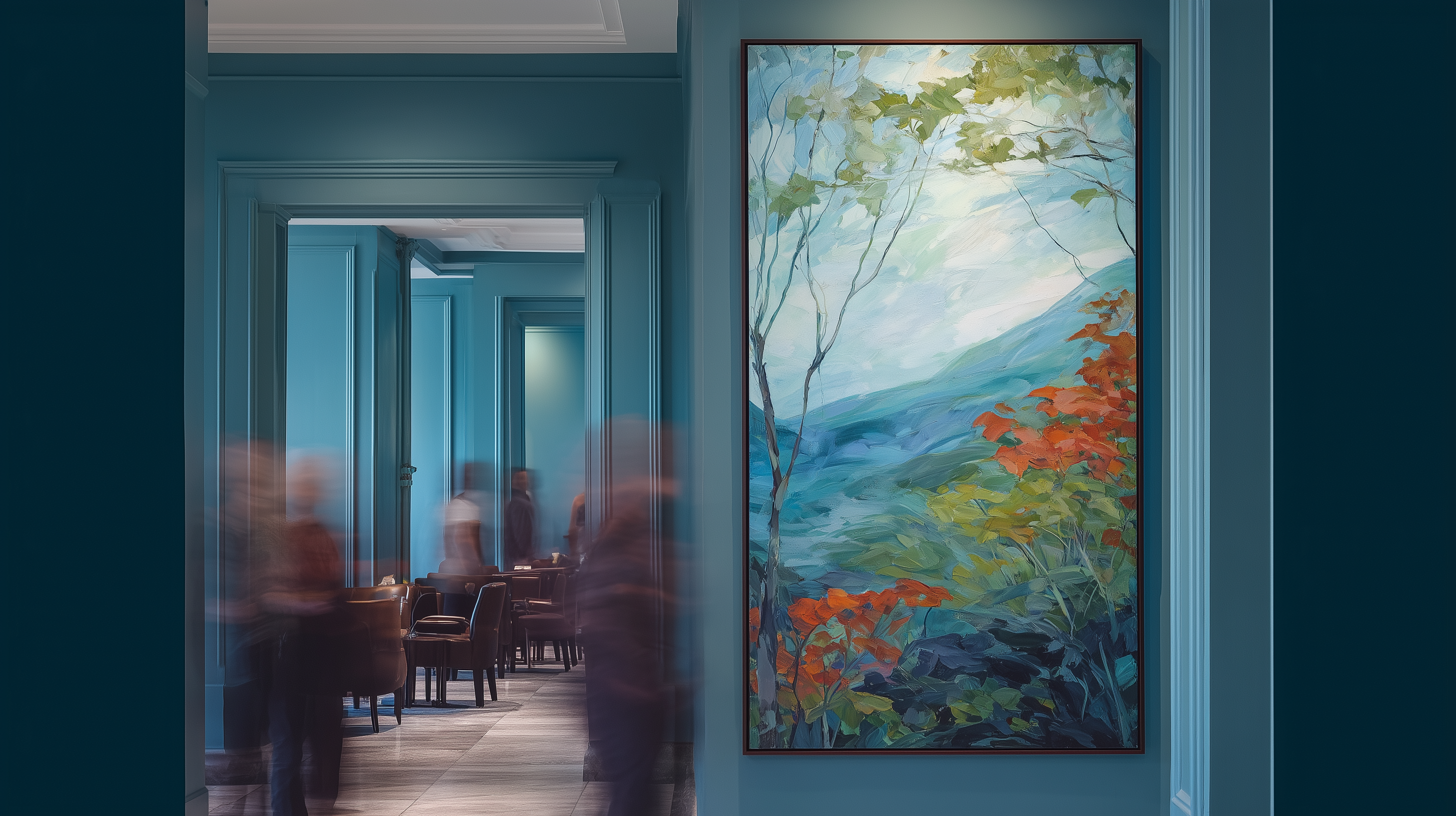 Custom Canadian landscape art piece hanging in a commercial hotel lobby.
