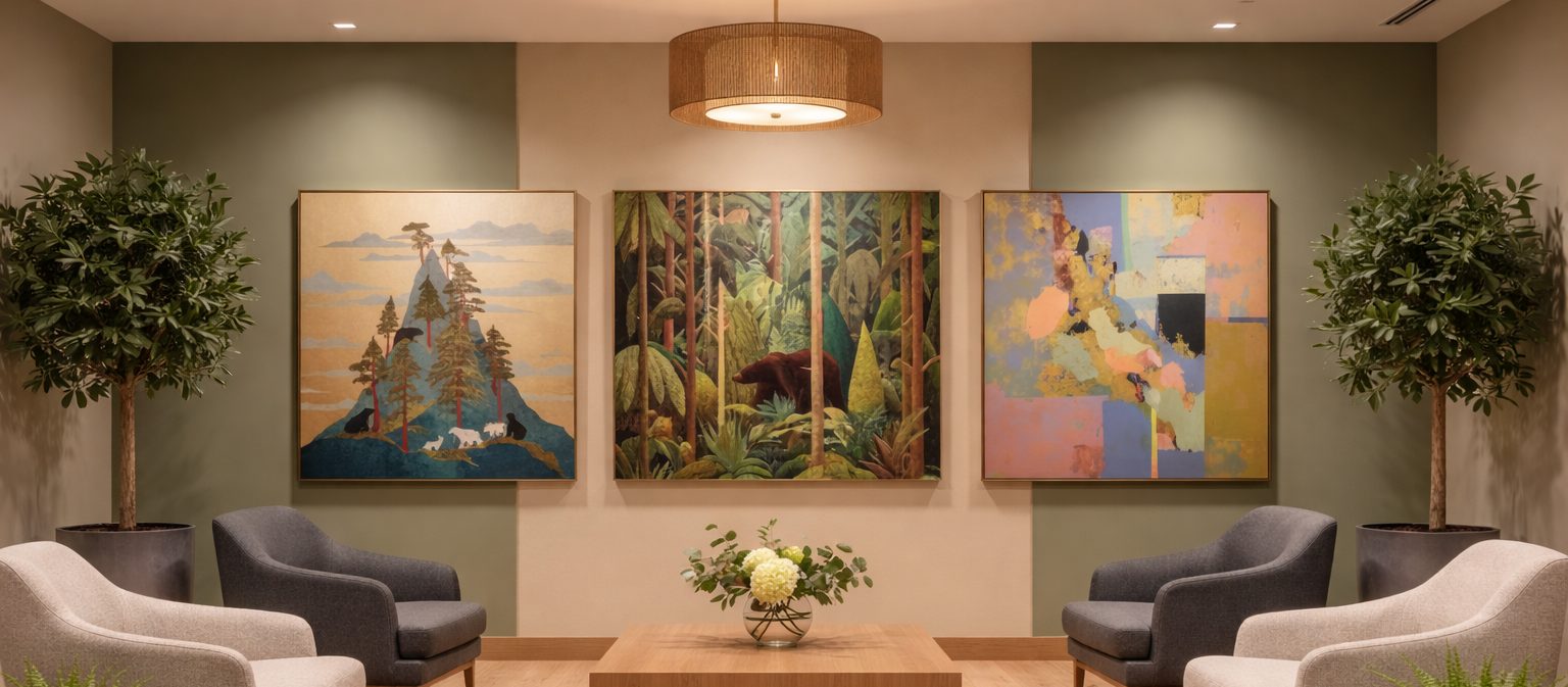 Curated Hotel Art Collection 2026 - Canadian Local Landscape and Wildlife Triptych in Lobby