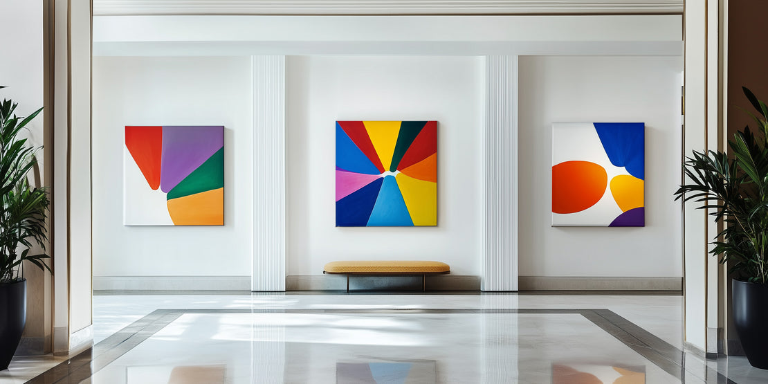 Three custom and high quality canvas art prints hang in a Canadian hotel lobby 