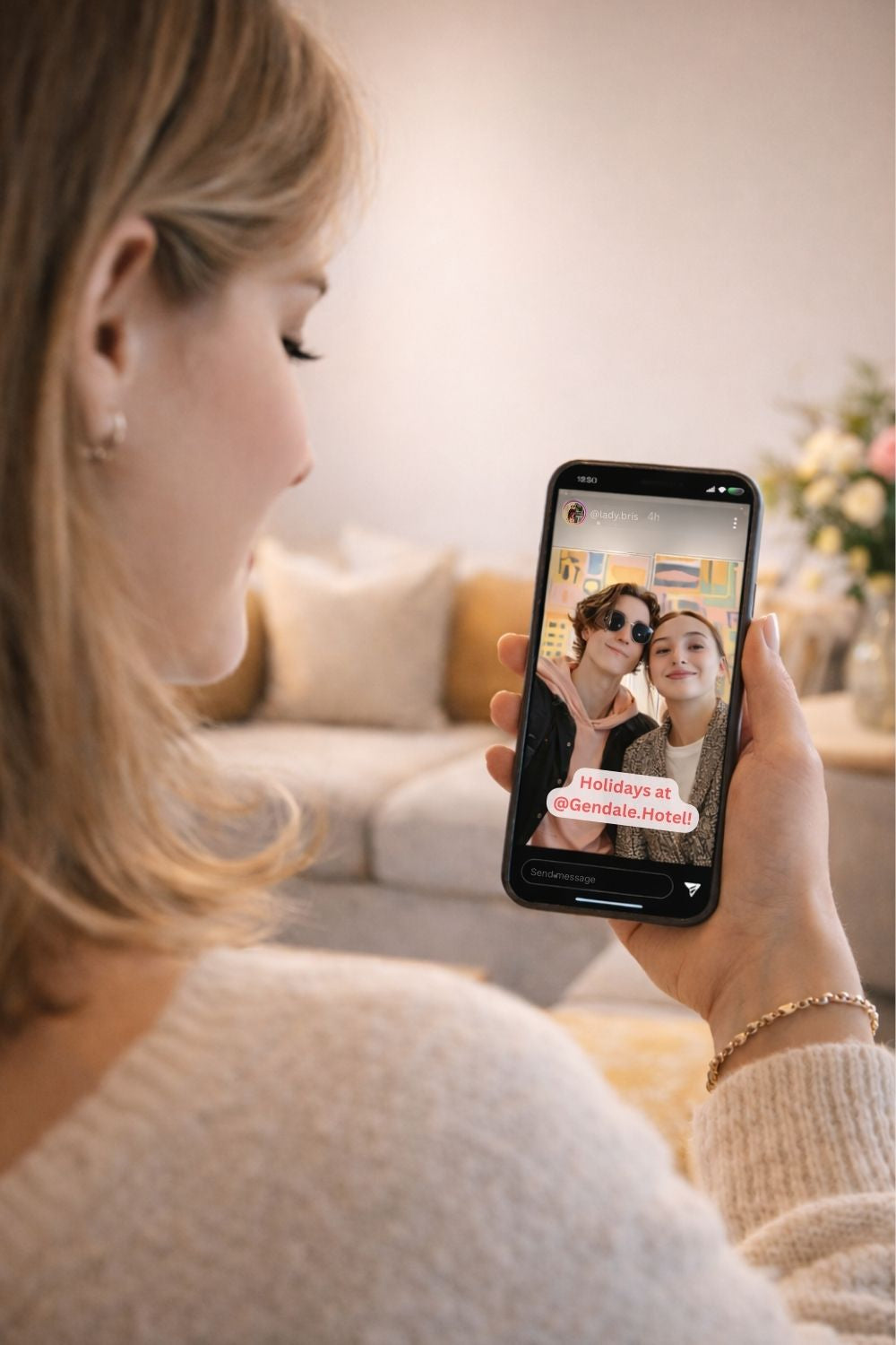 Hotel guests post a selfie of themselves in front of hotel lobby art to social media, helping with the hotels marketing - art designed by Haute Curations in Canada