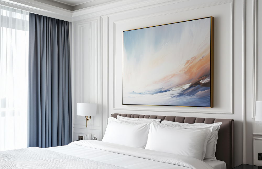 Minimalist and calm abstract coastal painting in a Canadian hotel guest room, designed by Haute Curations