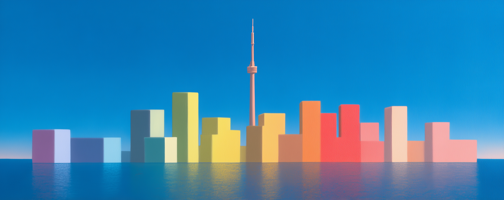 Minimalist and colourful Toronto cityscape for a custom designed hotel art collection, designed by Haute Curations