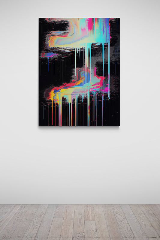 Haute Curations - Image of Glitch Art on canvas, black background with multiple colours and textured paint - Hanging on Gallery Wall