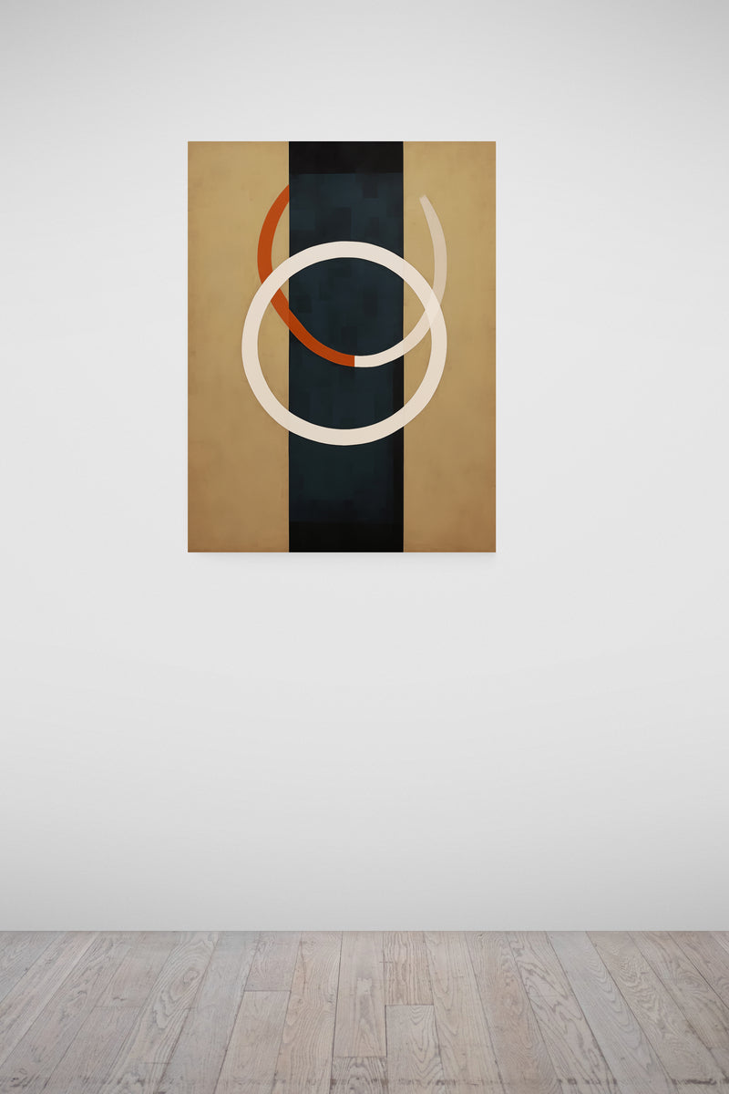 Haute Curations - Geometric Abstract Canvas Print - a white rectangle down the centre with two white circles on dark cream background - hanging on gallery wall